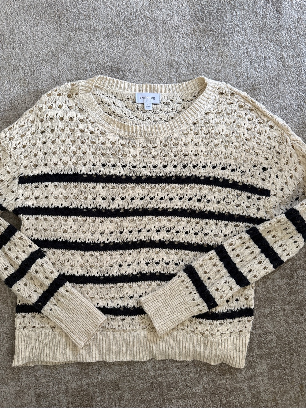 Evereve Cream and Navy Striped Open-Knit Crew Sweater
